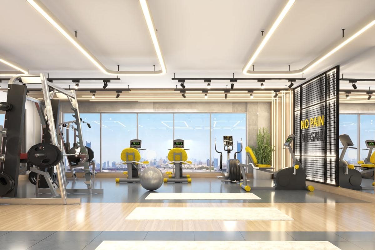 3d gym interior design in dubai with gym machines placed in a ground